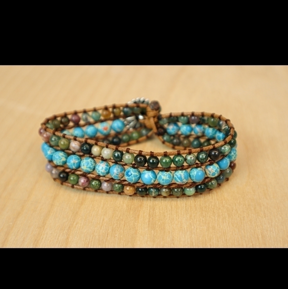 Real natural stone Mala bracelet wrap beads beaded surf good vibes blue zen